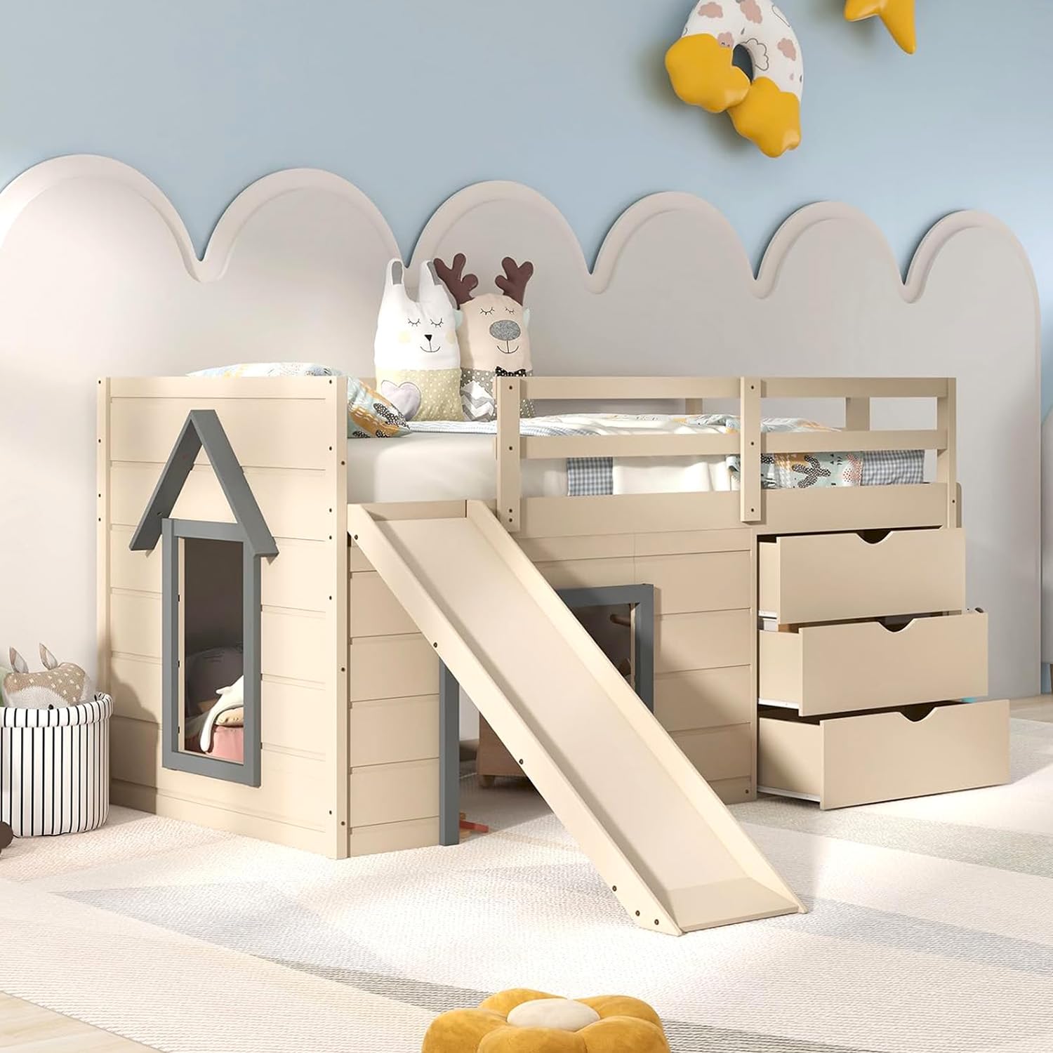 Kids' Loft Bed with Slide and Storage
