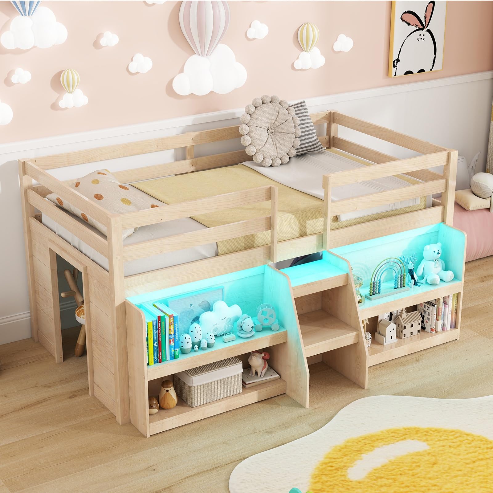 Kids' Loft Bed with Storage and LED Lights