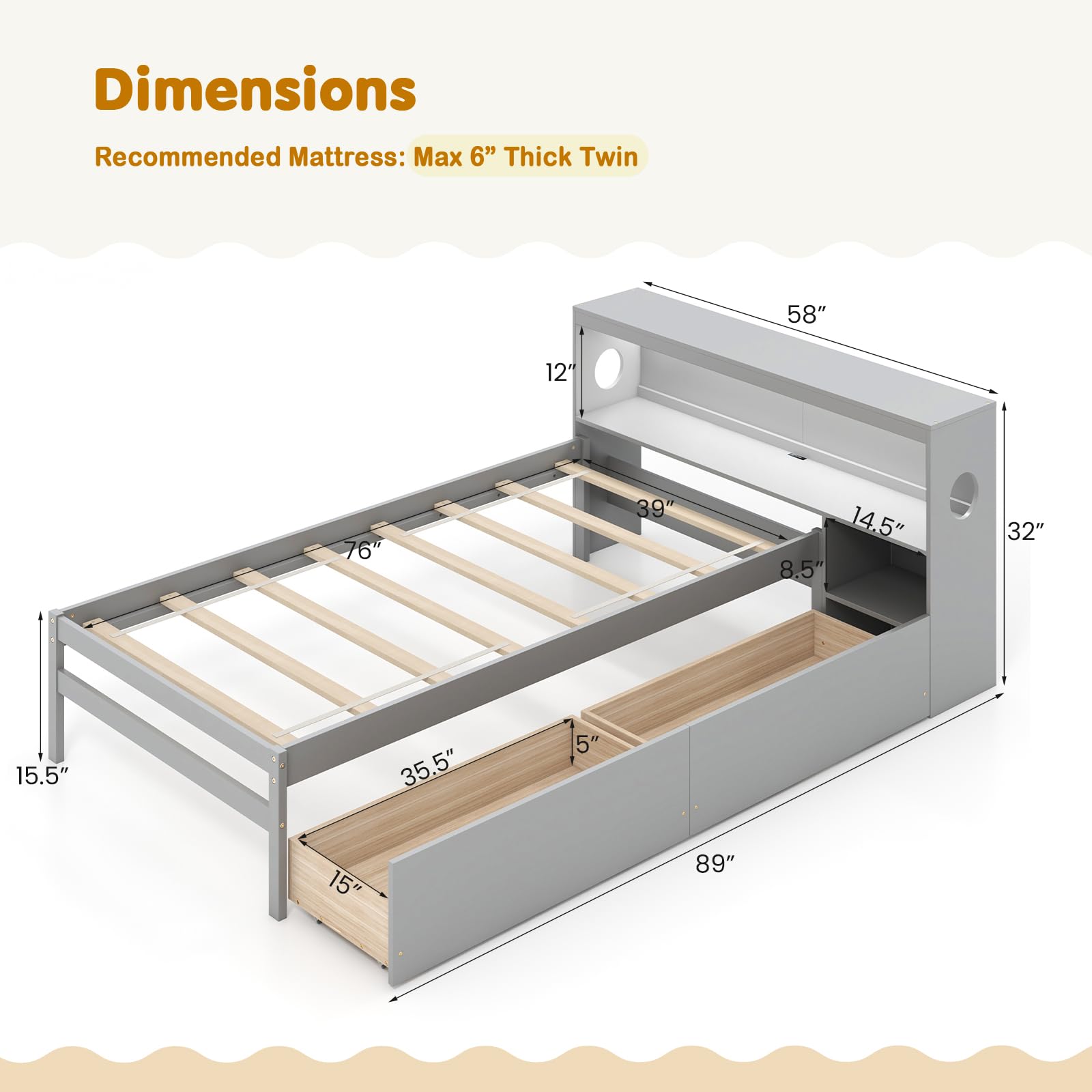 Bed Frame with Storage and Charging