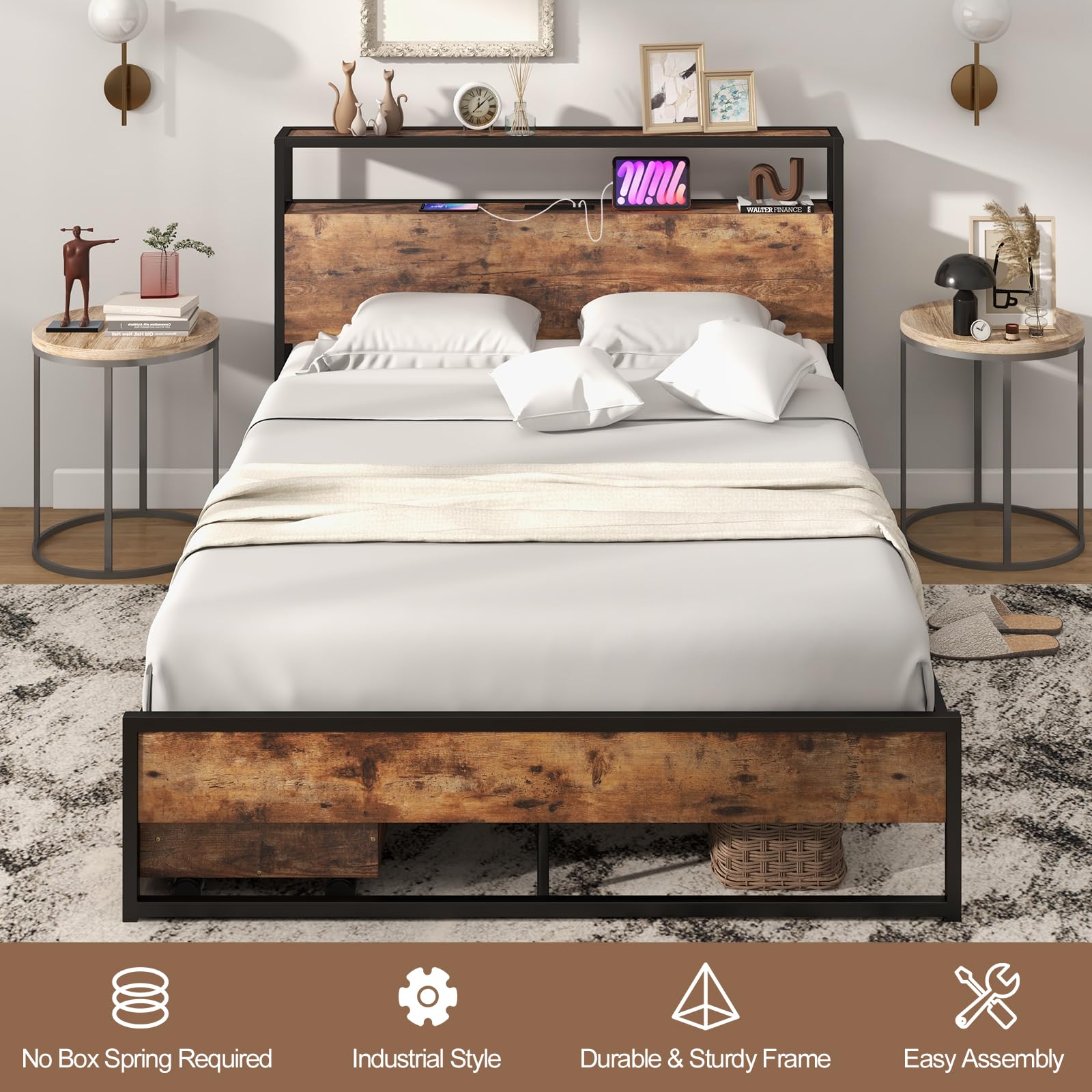 Bed Frame with Storage Drawers and Headboard Shelf