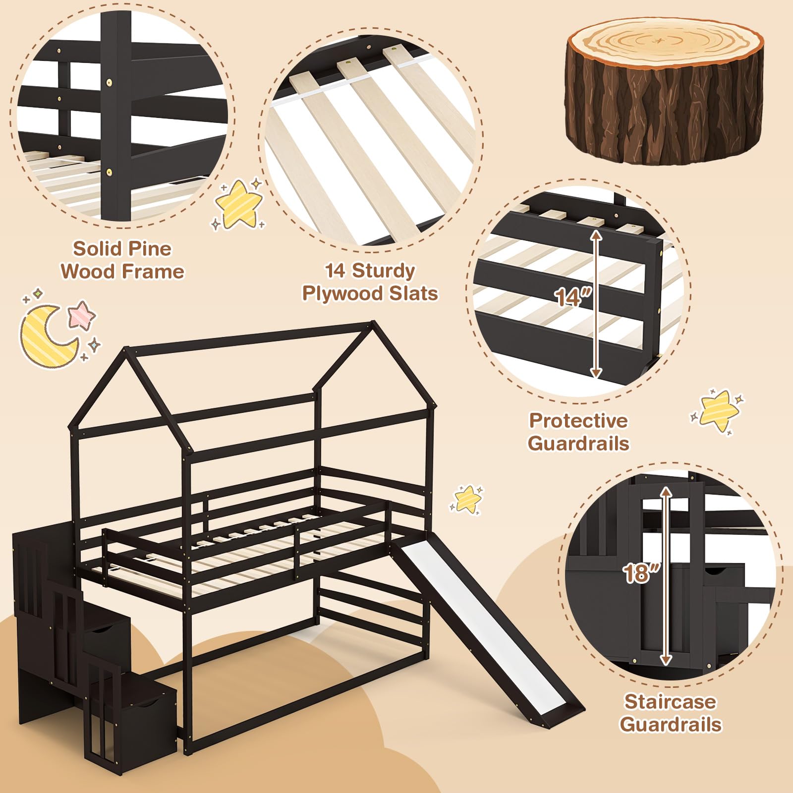 Kids' House-Shaped Bunk Bed with Slide and Storage