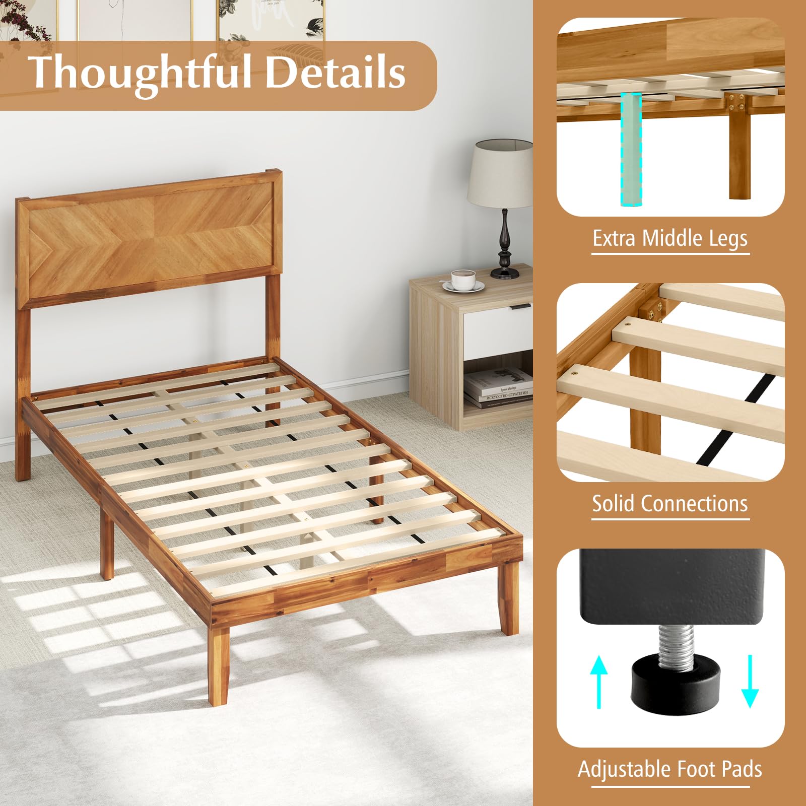 Wooden Platform Bed Frame with Headboard