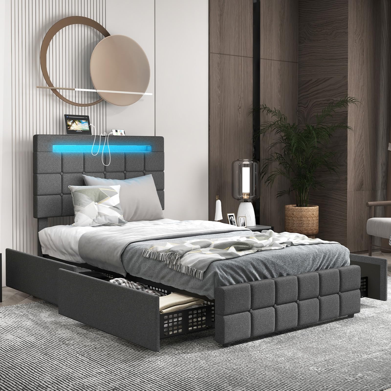 Luxury Upholstered Bed Frame with LED Lights and Storage