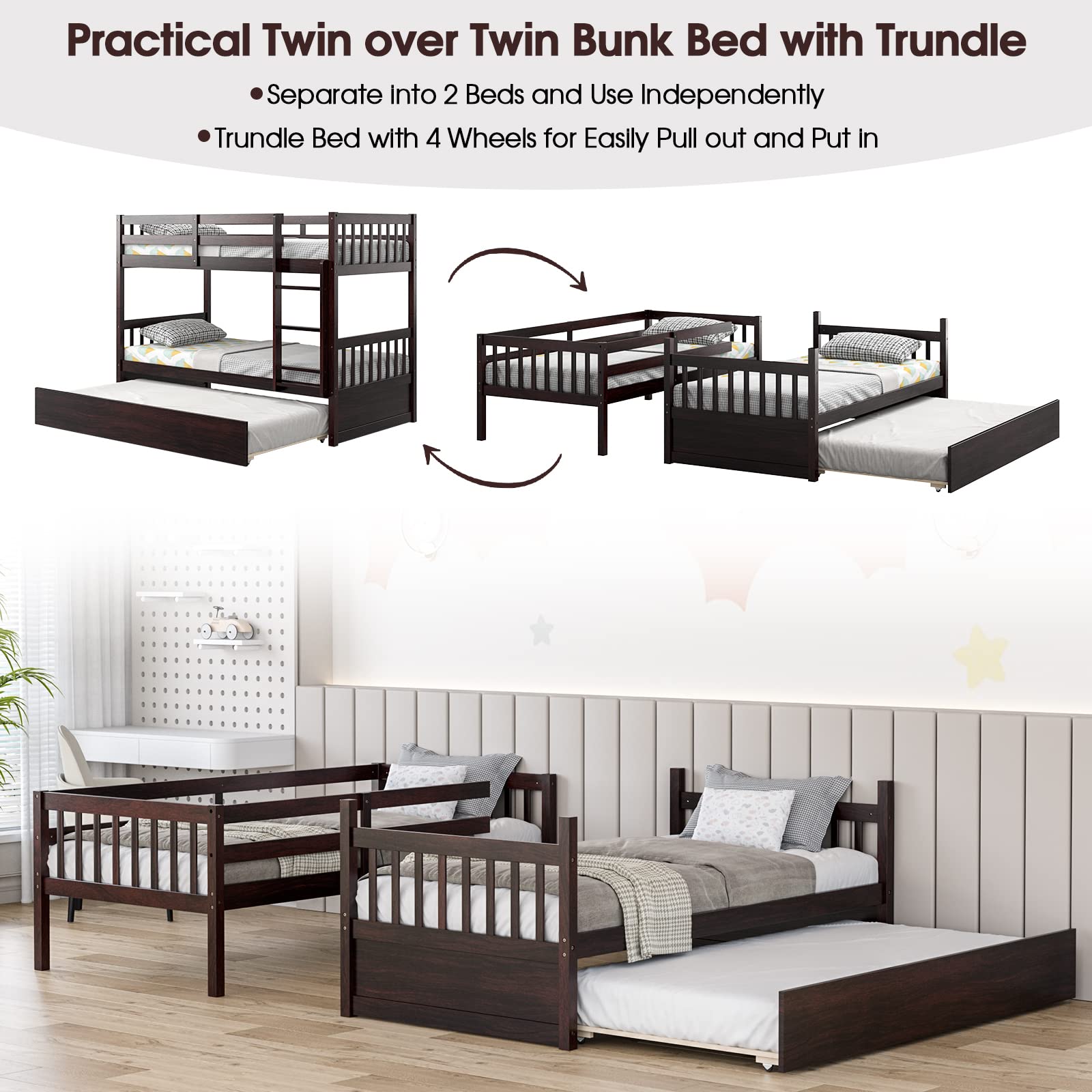 Premium Convertible Twin Bunk Bed with Trundle