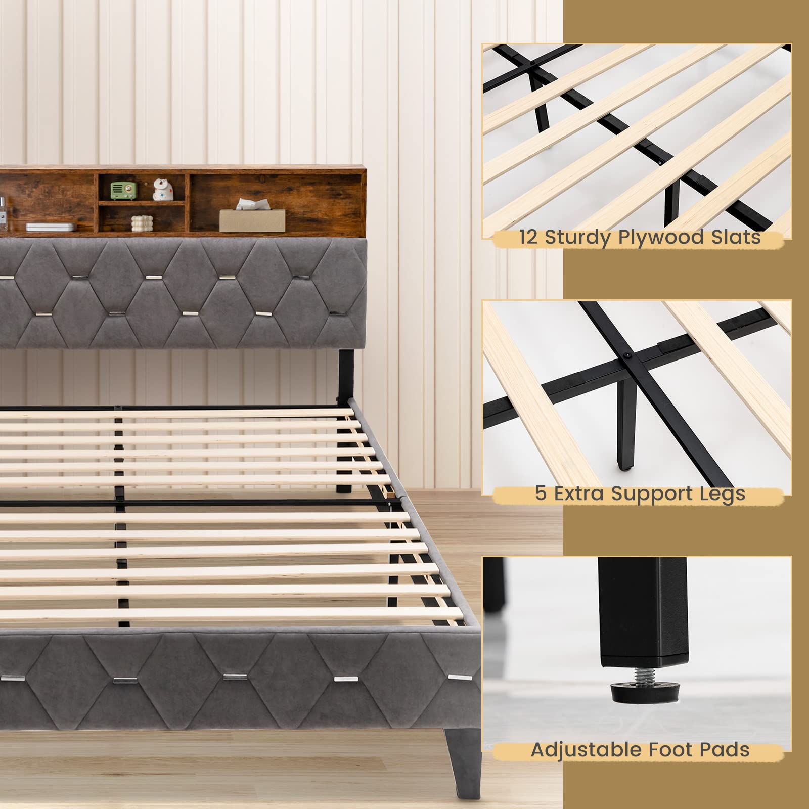 Classic Upholstered Platform Bed Frame with Storage